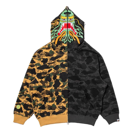 BAPE X Clot Camo Split Shark Relaxed Fit Full Zip Hoodie 'Black' 0ZXSWM917151P-BLK