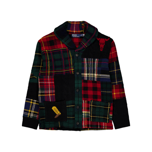 Patchwork Plaid Wool-Blend Cardigan Black Regimental Combo