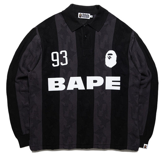A Bathing Ape Sta Stripe Pattern Jacquard Multi Logo L/S Polo - Black