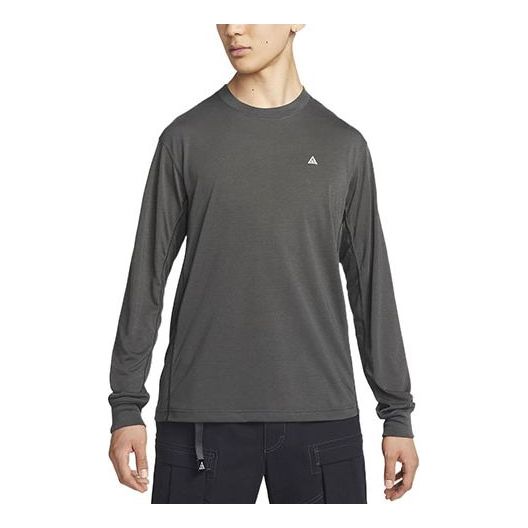 Men's Nike Dri-FIT ACG Solid Color Logo Embroidered Casual Round Neck Long Sleeves Black Smoke Gray T-Shirt DO9270-070
