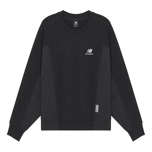 (WMNS) New Balance Logo Printing Splicing Sports Round Neck Pullover Black Hoodie AWT13337-BK